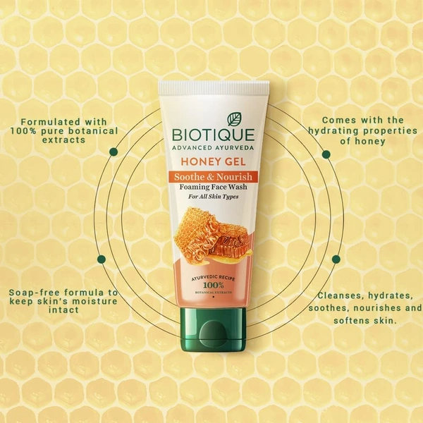 Biotique Honey Gel Soothe & Nourish Foaming Face wash  100ml | Gentle Cleansing Face Wash | Honey and Turmeric Cleanse | Non-Drying Face Wash | 100% Botanical Extracts | for All Skin Types |