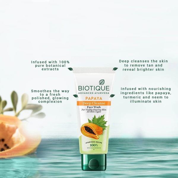 Biotique Papaya Deep Cleanse Face Wash | Tan Removal Face Wash 100ml | For Visibly Glowing Skin | Deep Cleanse & Exfoliate | Blemish Control Face Wash | 100% Botanical Extracts | Suitable for All Skin Types |