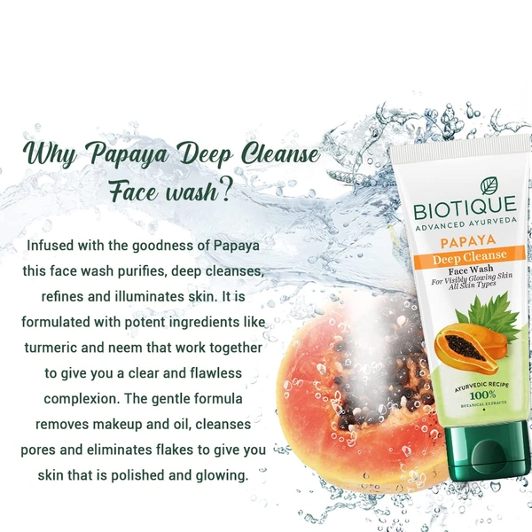 Biotique Papaya Deep Cleanse Face Wash | Tan Removal Face Wash 100ml | For Visibly Glowing Skin | Deep Cleanse & Exfoliate | Blemish Control Face Wash | 100% Botanical Extracts | Suitable for All Skin Types |