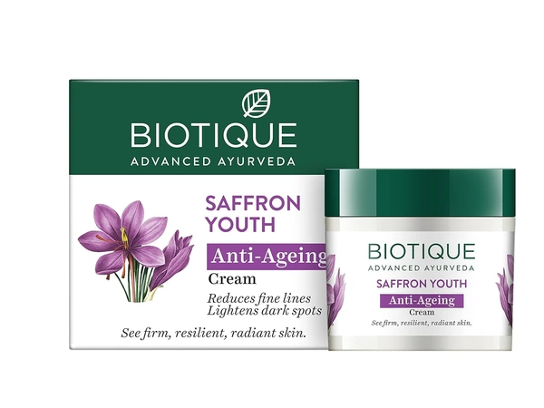 Biotique Saffron Youth Anti- Ageing Cream 50g | for Younger-Looking Skin | Wrinkle Reduction | Reduce Fine Lines & Lighten Dark Sports | 100% Botanical Extracts | Suitable For All Skin Types |