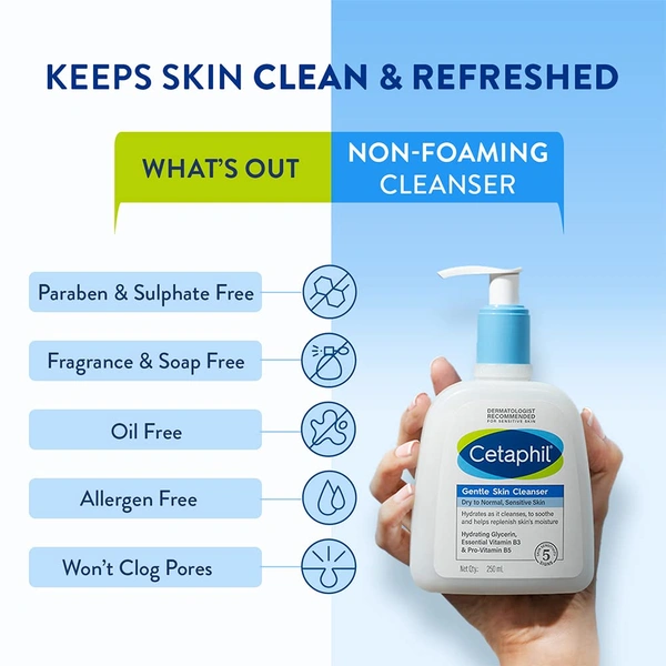 Cetaphil Gentle Skin Cleanser - 250ml | Hydrating Face Wash for Dry to Normal, Sensitive Skin | Enriched with Niacinamide and Vitamin B5 | Dermatologist Recommended, Paraben & Sulphate-Free