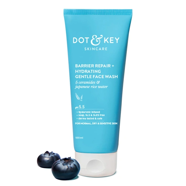 Dot & Key DOT & KEY Barrier Repair + Hydrating Gentle Face Wash | with 5 Ceremide & Japanese Rice Water | Soap, SLS & SLES Free | Soft, Nourished Skin | For Normal, Dry & Sensitives Skin | Gently Cleanses Skin From Dirt & Oil | 100ml
