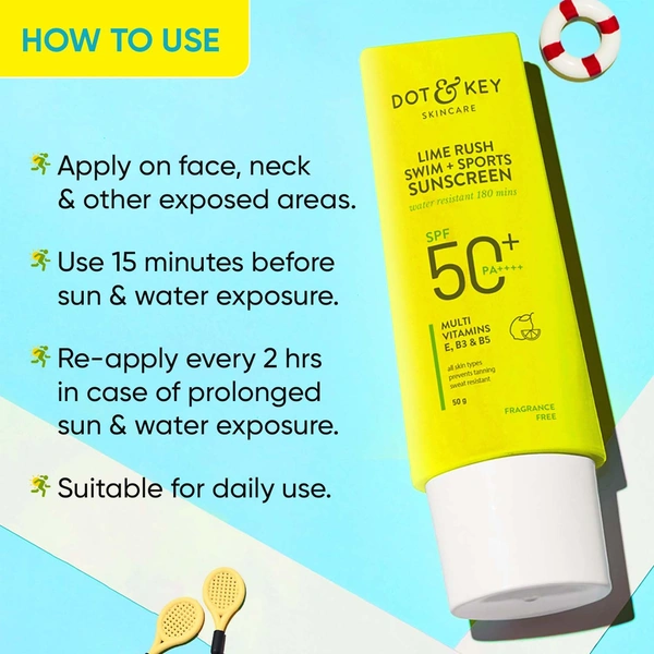 Dot & Key Lime Rush Swim + Sports Sunscreen SPF 50 PA++++ 50g| Water-Resistant 180 Mins | Sweatproof, Lightweight & Non-Greasy | Broad-Spectrum Protection
