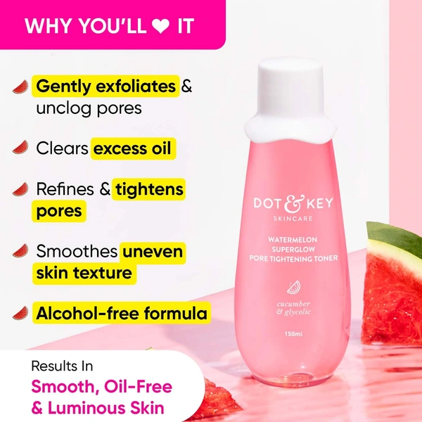 Dot & Key DOT & KEY Watermelon Superglow Toner� 150ml | Pore Tightening Toner | Alcohol Free, Toner For Uneven Skin Tone | Non Sticky & Non Greasy | Oil Control & Refreshing | For All Skin Types