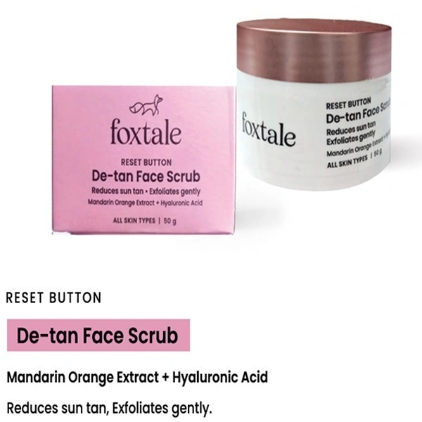 Foxtale De-Tan Face Scrub 50g | with Mandarin Orange Extract & Hyaluronic Acid | Exfoliating Tan Remover | Brightening Skin | Unclogs Pores | Skin Hydration | Sun Tan Removal | for All Skin Types