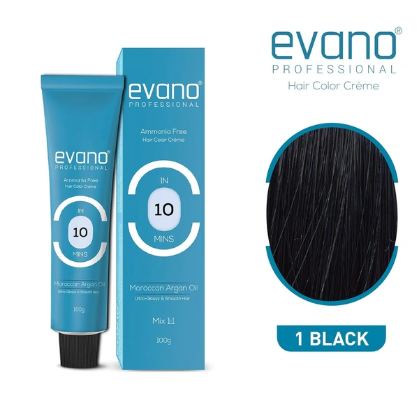 Evano Professional Creme Hair Colour Black 100g | Ammonia-Free Formula | 100% Grey Coverage in 10 Minutes | Long-Lasting Salon Quality Hair Color for Women & Men