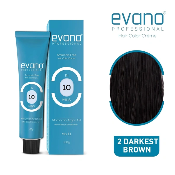 Evano Professional Creme Hair Colour Darkest Brown 2.0 100g | Ammonia-Free Formula | 100% Grey Coverage in 10 Minutes | Long-Lasting Salon Quality Hair Color for Women & Men