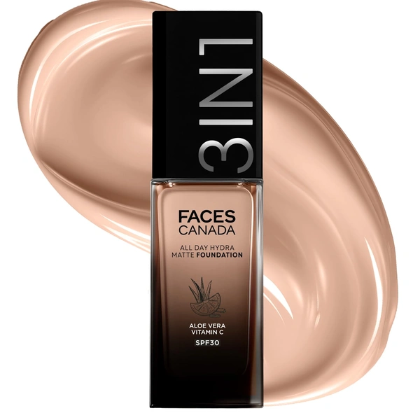 Faces Canada All Day Hydra Matte Liquid Foundation 30ml, Warm Natural 021 | 3-in-1 Foundation + Moisturizer + SPF 30 | Aloe Hydration, Vitamin C, 10Hr Long Wear Coverage