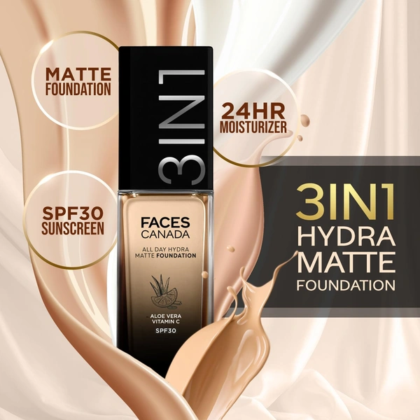 Faces Canada All Day Hydra Matte Liquid Foundation 30ml, Soft Sand 041 | 3-in-1 Foundation + Moisturizer + SPF 30 | Aloe Hydration, Vitamin C, 10Hr Long Wear Coverage