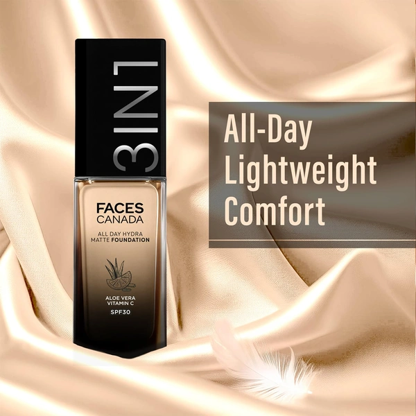 Faces Canada All Day Hydra Matte Liquid Foundation 30ml, Soft Sand 041 | 3-in-1 Foundation + Moisturizer + SPF 30 | Aloe Hydration, Vitamin C, 10Hr Long Wear Coverage