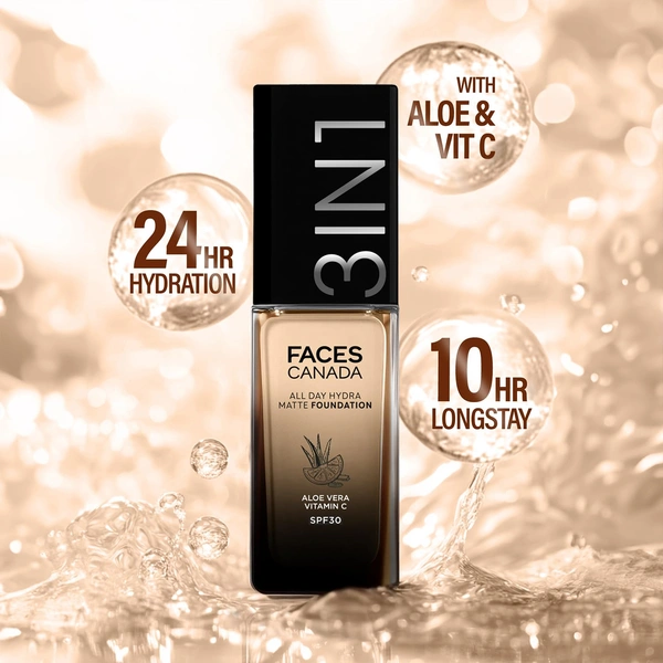 Faces Canada All Day Hydra Matte Liquid Foundation 30ml, Soft Sand 041 | 3-in-1 Foundation + Moisturizer + SPF 30 | Aloe Hydration, Vitamin C, 10Hr Long Wear Coverage