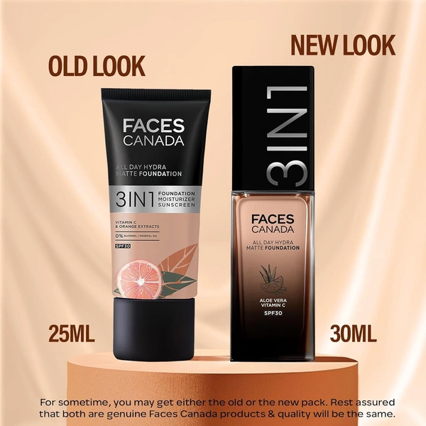 Faces Canada All Day Hydra Matte Liquid Foundation 30ml, Warm Natural 021 | 3-in-1 Foundation + Moisturizer + SPF 30 | Aloe Hydration, Vitamin C, 10Hr Long Wear Coverage