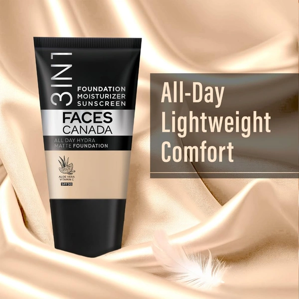 Faces Canada All Day Hydra Matte Liquid Foundation 18ml, Warm Sand 042 | 3-in-1 Foundation + Moisturizer + SPF 30 | Aloe Hydration, Vitamin C, 10Hr Long Wear Coverage