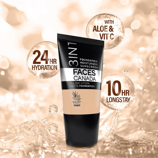 Faces Canada All Day Hydra Matte Liquid Foundation 18ml, Warm Sand 042 | 3-in-1 Foundation + Moisturizer + SPF 30 | Aloe Hydration, Vitamin C, 10Hr Long Wear Coverage