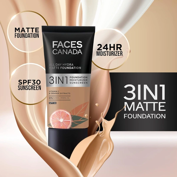 Faces Canada All Day Hydra Matte Liquid Foundation 30ml, Rose Ivory 011 | 3-in-1 Foundation + Moisturizer + SPF 30 | Aloe Hydration, Vitamin C, 10Hr Long Wear Coverage