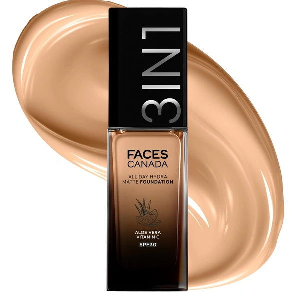 Faces Canada All Day Hydra Matte Liquid Foundation 30ml, Soft Sand 041 | 3-in-1 Foundation + Moisturizer + SPF 30 | Aloe Hydration, Vitamin C, 10Hr Long Wear Coverage