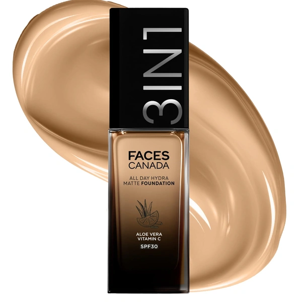 Faces Canada All Day Hydra Matte Liquid Foundation 30ml, Honey Beige 031 | 3-in-1 Foundation + Moisturizer + SPF 30 | Aloe Hydration, Vitamin C, 10Hr Long Wear Coverage