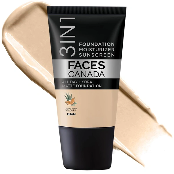 Faces Canada All Day Hydra Matte Liquid Foundation 18ml, Absolute Ivory 012 | 3-in-1 Foundation + Moisturizer + SPF 30 | Aloe Hydration, Vitamin C, 10Hr Long Wear Coverage