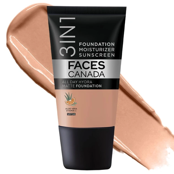 Faces Canada Cream All Day Hydra Matte Foundation 18ml, Caramel Natural 023 | 3-in-1 Foundation + Moisturizer + SPF 30 | Aloe Hydration, Vitamin C, 10Hr Long Wear Coverage