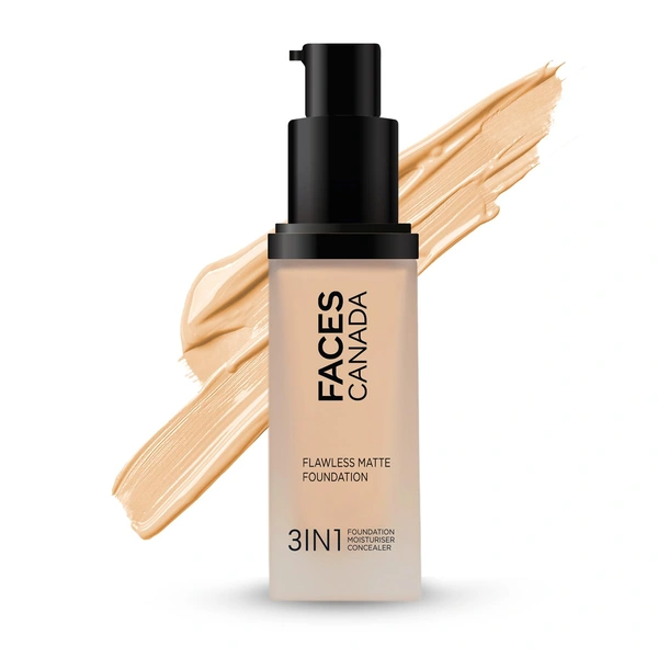 Faces Canada Flawless Matte Foundation Soft Sand 041 Shade 30ml | 3-in-1 Foundation, Moisturizer & Concealer | SPF 18 | 12Hr Hydration | HD Matte Coverage | Lightweight Anti-Ageing