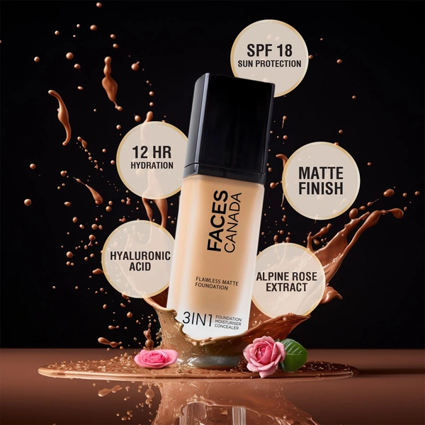 Faces Canada Flawless Matte Foundation Warm Sand 042 Shade 30ml | 3-in-1 Foundation, Moisturizer & Concealer | SPF 18 | 12Hr Hydration | HD Matte Coverage | Lightweight Anti-Ageing