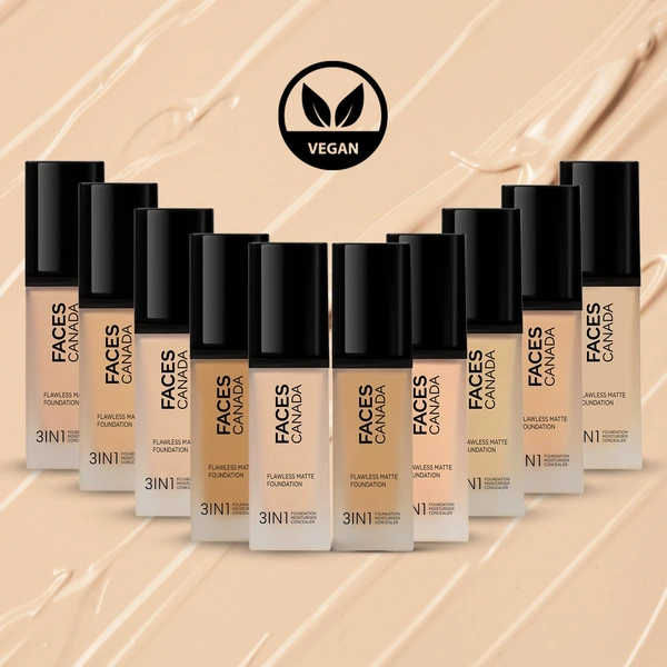 Faces Canada Flawless Matte Foundation Warm Sand 042 Shade 30ml | 3-in-1 Foundation, Moisturizer & Concealer | SPF 18 | 12Hr Hydration | HD Matte Coverage | Lightweight Anti-Ageing