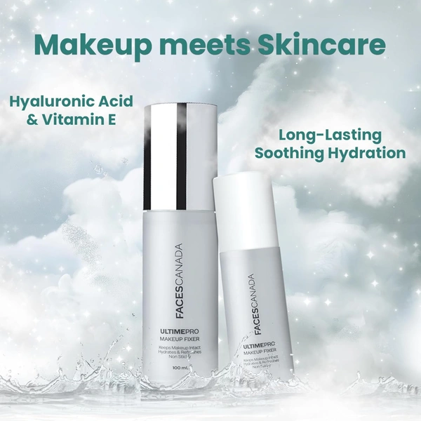 Faces Canada Ultime Pro Makeup Fixer 100ml | Long Lasting Makeup Setting Spray | Keeps Makeup Intact | Hydrates, Soothes & Refreshes Skin | Hyaluronic Acid & Vitamin E | Alcohol Free