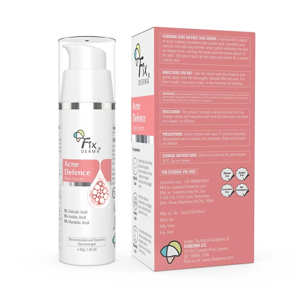 Fixderma 2% Salicylic Acid Serum 30 gm | With 5% Azelaic Acid & 4% Mandelic Acid | Acne Defence Serum | Clears Acne, Spots & BlackheadsFace Serum for Men & Women