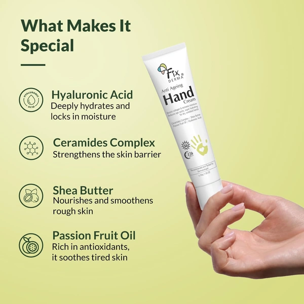 Fixderma Anti Ageing Hand Cream 30g | Ceramide & Hyaluronic Acid Hand Moisturizer | Smoothens Dry Rough Hands | Anti-Wrinkle Repair | Shea Butter Nourishment | Men & Women | All Skin Types