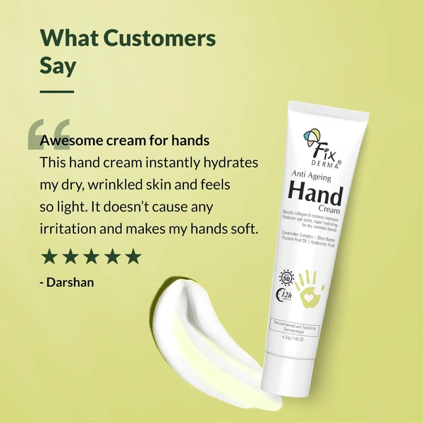Fixderma Anti Ageing Hand Cream 30g | Ceramide & Hyaluronic Acid Hand Moisturizer | Smoothens Dry Rough Hands | Anti-Wrinkle Repair | Shea Butter Nourishment | Men & Women | All Skin Types