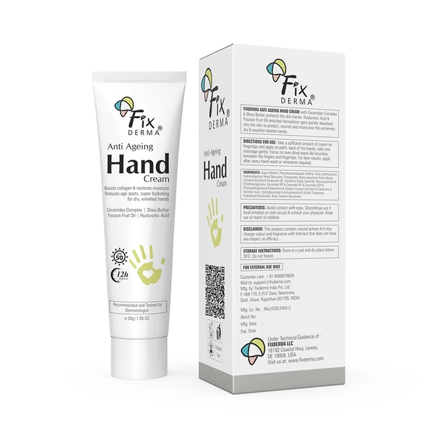 Fixderma Anti Ageing Hand Cream 30g | Ceramide & Hyaluronic Acid Hand Moisturizer | Smoothens Dry Rough Hands | Anti-Wrinkle Repair | Shea Butter Nourishment | Men & Women | All Skin Types