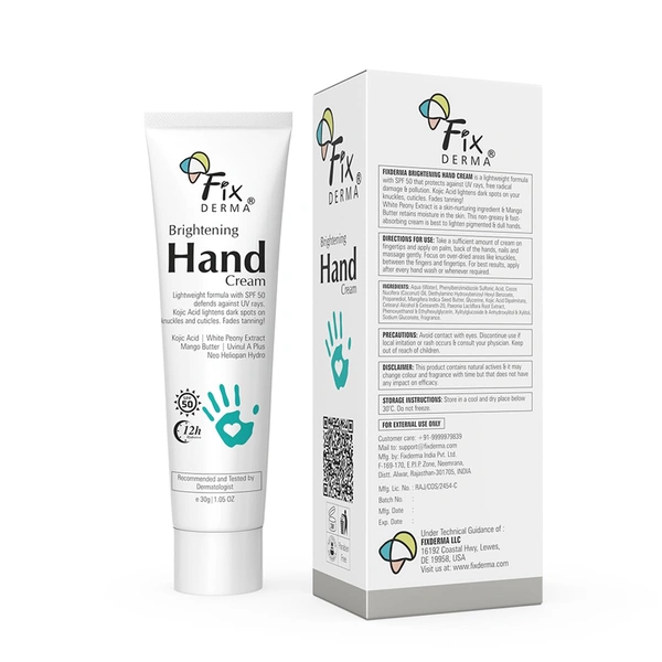 Fixderma Brightening Hand Cream 30 gm | Kojic Acid & SPF 50 | Moisturizer for Dry, Rough & Itchy Hands | Brightening Hand Cream for Men & Women | All Skin Types