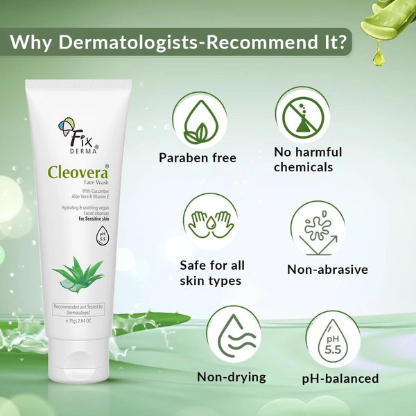 Fixderma Cleovera Aloe Vera Face Wash 75g | Gentle Face Cleanser with Aloe Vera & Vitamin E | Hydrates, Soothes & Nourishes SkinFor Dry Skin & All Skin Types | Men & Women