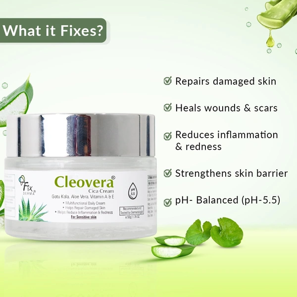 Fixderma Cleovera Cica Cream 50g | Gotu Kola, Aloe Vera, Vitamin A & E | Repairs Damaged Skin, Calms Irritation, Nourishes Dry & Sensitive Skin | Daily Barrier Strengthening Cream