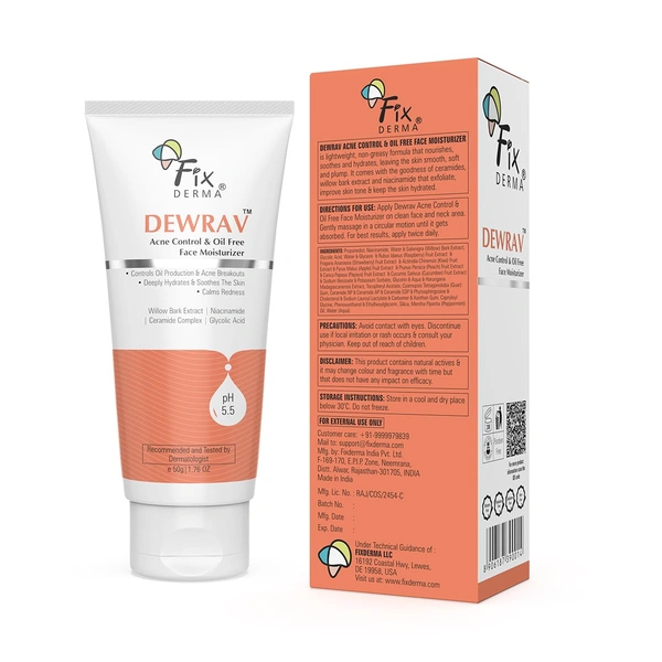 Fixderma Dewrav Acne Control & Oil Free Moisturizer 50gm | Glycolic Acid + Niacinamide | Controls Excess Oil, Reduces Acne & Refines Skin TextureFor Oily & Acne Prone Skin