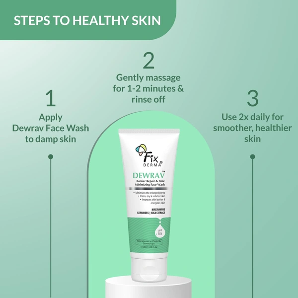 Fixderma Dewrav Barrier Repair & Pore Minimizing Face Wash 100ml | 2% Niacinamide + Cica & Ceramide | Repairs Skin Barrier, Minimizes Pores, Soothes Irritation | Normal, Dry & Sensitive Skin