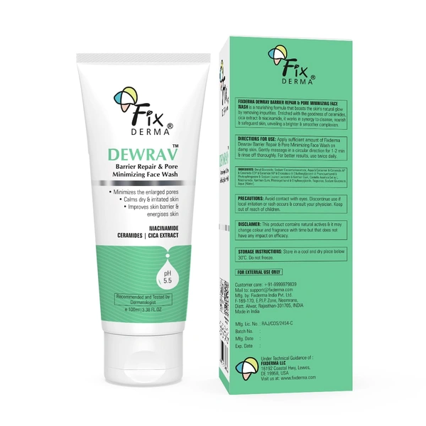 Fixderma Dewrav Barrier Repair & Pore Minimizing Face Wash 100ml | 2% Niacinamide + Cica & Ceramide | Repairs Skin Barrier, Minimizes Pores, Soothes Irritation | Normal, Dry & Sensitive Skin