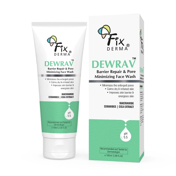 Fixderma Dewrav Barrier Repair & Pore Minimizing Face Wash 100ml | 2% Niacinamide + Cica & Ceramide | Repairs Skin Barrier, Minimizes Pores, Soothes Irritation | Normal, Dry & Sensitive Skin