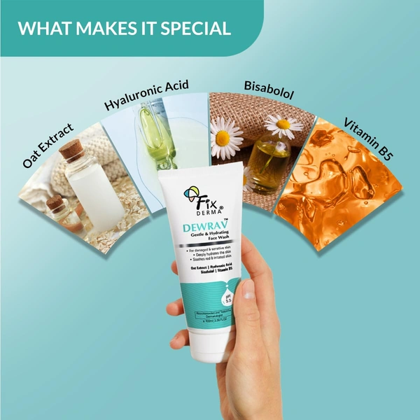 Fixderma Dewrav Gentle & Hydrating Face Wash 100ml | 6% Oats Extract, Hyaluronic Acid & Vit B5 | Soothes Irritated Skin, Provides Deep HydrationFor Sensitive, Dry & Normal Skin