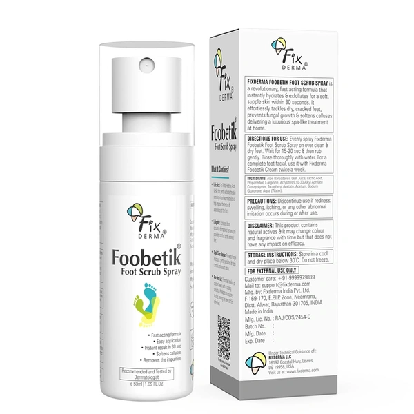 Fixderma Foobetik Foot Scrub Spray 50ml | 30 Sec Foot Facial Spray with Lactic Acid | Removes Dead Skin & Callus | Heel Softening Instant Smooth Feet SprayFoot Care for Men & Women