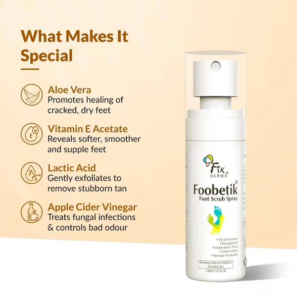 Fixderma Foobetik Foot Scrub Spray 50ml | 30 Sec Foot Facial Spray with Lactic Acid | Removes Dead Skin & Callus | Heel Softening Instant Smooth Feet SprayFoot Care for Men & Women