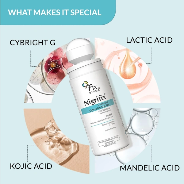 Fixderma Nigrifix Underarm Roll On 60ml with 6% AHA, Lactic Acid, 1% Mandelic Acid & Kojic Acid | Brightens, Exfoliates & Smoothens Dark UnderarmsFor All Skin Types