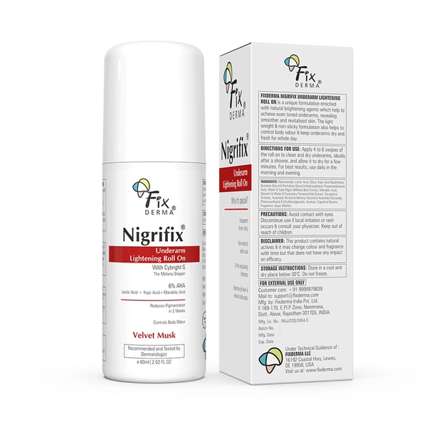 Fixderma Nigrifix Underarm Velvet Musk Roll On 60ml with 6% AHA, Lactic Acid, 1% Mandelic Acid & Kojic Acid | Brightens, Exfoliates & Smoothens Dark Underarms | Sensitive Skin Safe