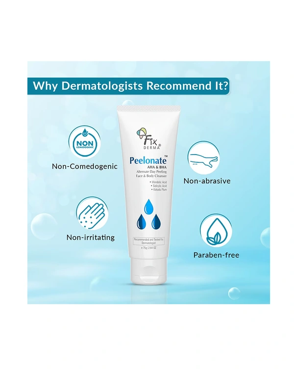 Fixderma Peelonate AHA & BHA Face & Body Cleanser 75g | 2% Mandelic Acid + 1% Salicylic Acid | Exfoliating, Acne Control, Tan Removal | Smooth, Clear & Radiant Skin