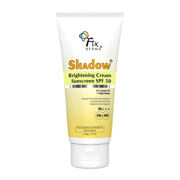 Fixderma Shadow Brightening Sunscreen 50gm SPF 50 PA+++ with 1% Alpha Arbutin | Brightens Skin, Reduces Tanning | Broad Spectrum UVA/UVB Protection | Lightweight, No White Cast