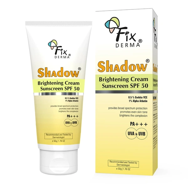 Fixderma Shadow Brightening Sunscreen 50gm SPF 50 PA+++ with 1% Alpha Arbutin | Brightens Skin, Reduces Tanning | Broad Spectrum UVA/UVB Protection | Lightweight, No White Cast