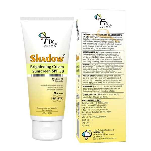 Fixderma Shadow Brightening Sunscreen 50gm SPF 50 PA+++ with 1% Alpha Arbutin | Brightens Skin, Reduces Tanning | Broad Spectrum UVA/UVB Protection | Lightweight, No White Cast