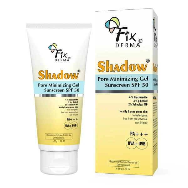 Fixderma Shadow Pore Minimizing Gel Sunscreen 50gm with SPF 50 PA+++ with 4% Niacinamide | Lightweight Non Greasy Sunscreen for Oily & Acne Prone Skin | No White Cast