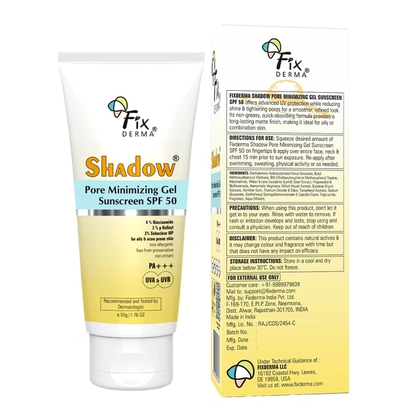 Fixderma Shadow Pore Minimizing Gel Sunscreen 50gm with SPF 50 PA+++ with 4% Niacinamide | Lightweight Non Greasy Sunscreen for Oily & Acne Prone Skin | No White Cast