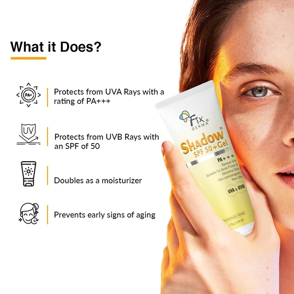 Fixderma Shadow SPF 50 + Gel PA+++ | Ultimate Sun Protection for Oily Skin | Suitable for Acne Prone & Sensitive Skin | UVA & UVB Protection | Sunscreen For Bothe Men & Women | All-Day Protection | Lightweight, Oil-Free Formula | 75g